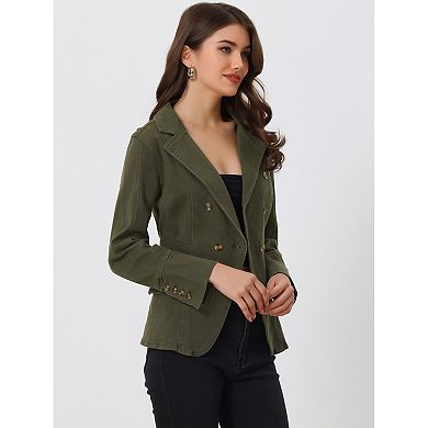 Women's Notched Lapel Long Sleeve Button Denim Jacket With Pockets