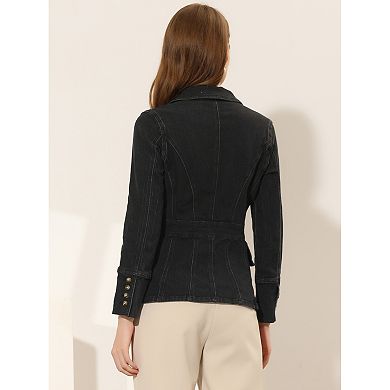 Women's Notched Lapel Long Sleeve Button Denim Jacket with Pockets