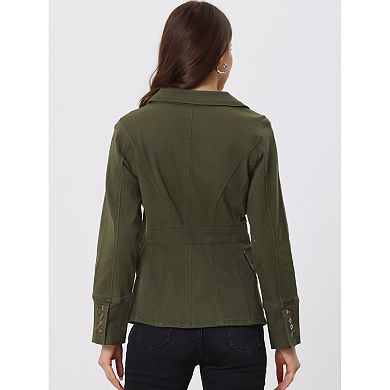 Women's Notched Lapel Long Sleeve Button Denim Jacket With Pockets