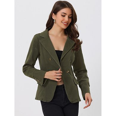 Women's Notched Lapel Long Sleeve Button Denim Jacket With Pockets