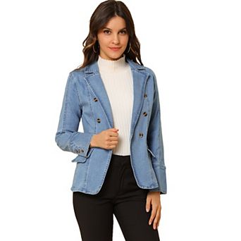 Women's Notched Lapel Long Sleeve Button Denim Jacket With Pockets