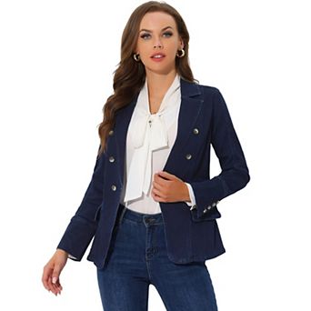 Jean Blazer for Women's Lapel Notch Collar Long Sleeve Denim Jackets