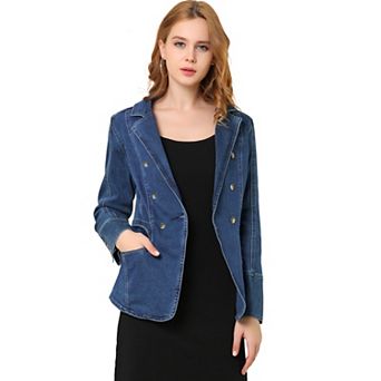 Women's Notched Lapel Long Sleeve Button Denim Jacket With Pockets