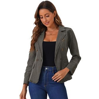 Women's Notched Lapel Long Sleeve Button Denim Jacket With Pockets