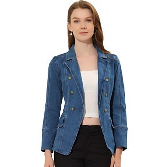 Women's Notched Lapel Long Sleeve Button Denim Jacket With Pockets