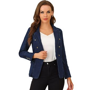 Women's Notched Lapel Long Sleeve Button Denim Jacket With Pockets