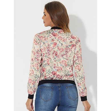 Women's Stand Collar Zip Up Floral Prints Crop Length Bomber Jacket