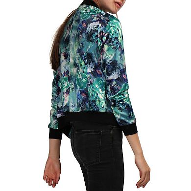 Women's Stand Collar Zip Up Floral Prints Crop Length Bomber Jacket