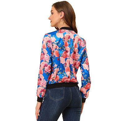 Women's Stand Collar Zip up Floral Prints Crop Length Bomber Jacket