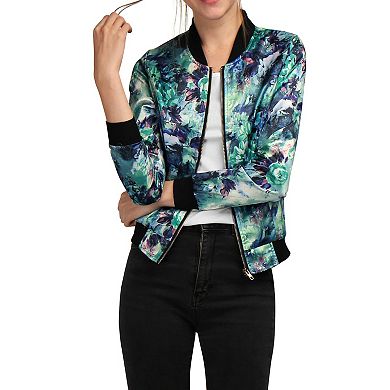 Women's Stand Collar Zip up Floral Prints Crop Length Bomber Jacket
