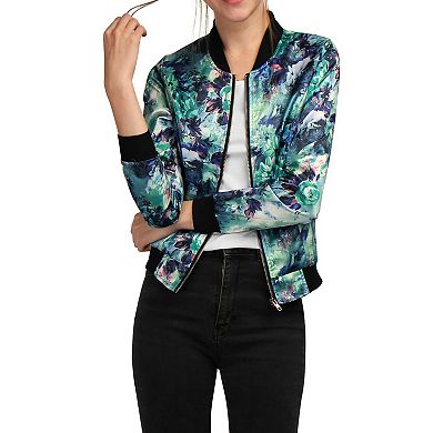 Women's Stand Collar Zip Up Floral Prints Crop Length Bomber Jacket