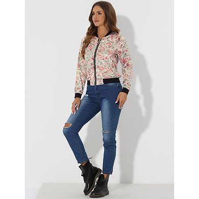Women's Stand Collar Zip Up Floral Prints Crop Length Bomber Jacket