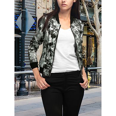 Women's Stand Collar Zip Up Floral Prints Crop Length Bomber Jacket