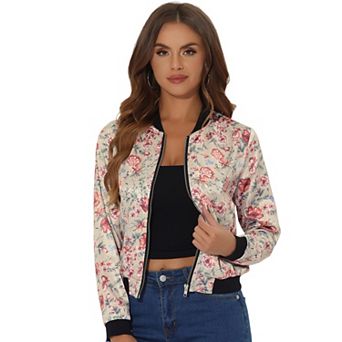 Women's Stand Collar Zip Up Floral Prints Crop Length Bomber Jacket