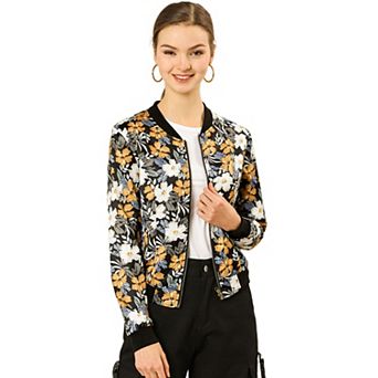Women's Stand Collar Zip up Floral Prints Crop Length Bomber Jacket