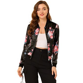 Women's Stand Collar Zip Up Floral Prints Crop Length Bomber Jacket