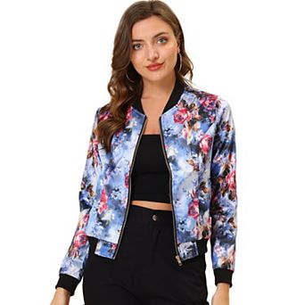 Women's Stand Collar Zip Up Floral Prints Crop Length Bomber Jacket