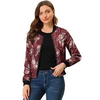 Women's Stand Collar Zip Up Floral Prints Crop Length Bomber Jacket