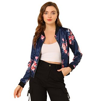 Women's Stand Collar Zip Up Floral Prints Crop Length Bomber Jacket
