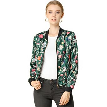 Women's Stand Collar Zip up Floral Prints Crop Length Bomber Jacket