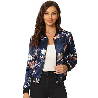 Women's Stand Collar Zip up Floral Prints Crop Length Bomber Jacket