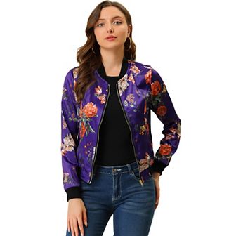 Women's Stand Collar Zip Up Floral Prints Crop Length Bomber Jacket