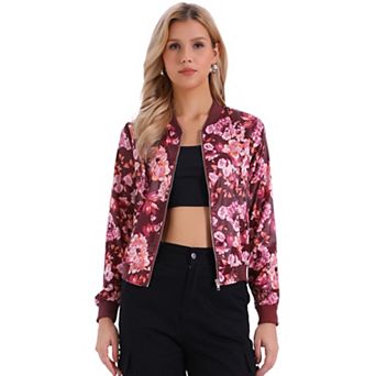 Women's Stand Collar Zip up Floral Prints Crop Length Bomber Jacket