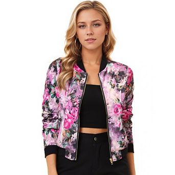 Women's Stand Collar Zip Up Floral Prints Crop Length Bomber Jacket