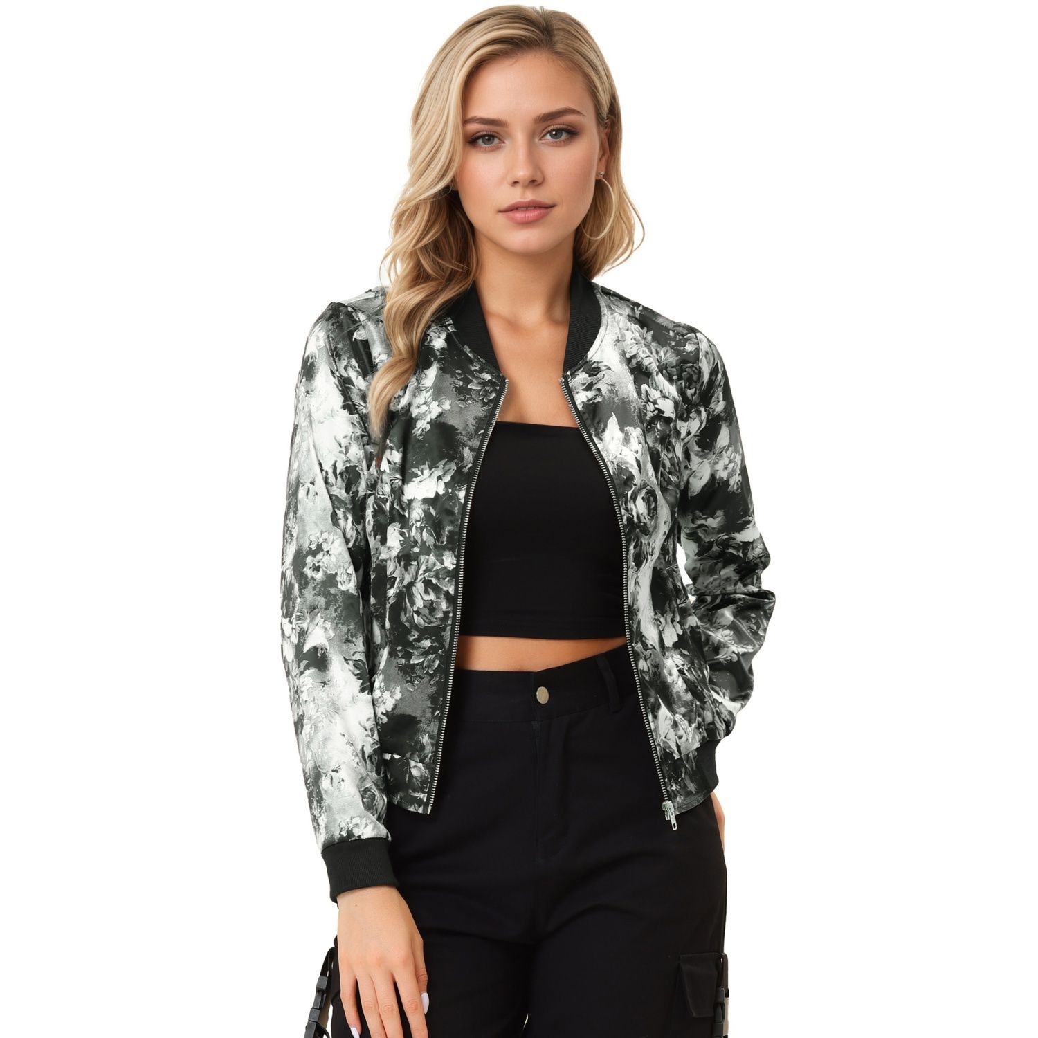 Women's Stand Collar Zip up Floral Prints Crop Length Bomber Jacket