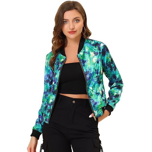 Women's Stand Collar Zip up Floral Prints Crop Length Bomber Jacket
