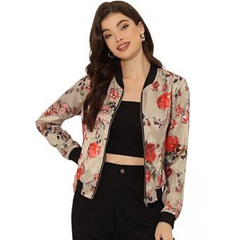 Women's Stand Collar Zip Up Floral Prints Crop Length Bomber Jacket