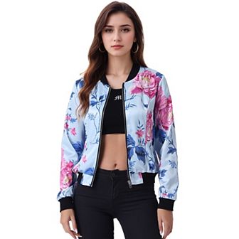 Women's Stand Collar Zip Up Floral Prints Crop Length Bomber Jacket