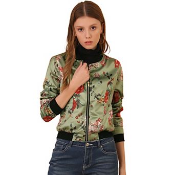 Women's Stand Collar Zip Up Floral Prints Crop Length Bomber Jacket