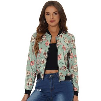 Women's Stand Collar Zip Up Floral Prints Crop Length Bomber Jacket
