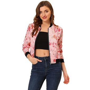 Women's Stand Collar Zip Up Floral Prints Crop Length Bomber Jacket