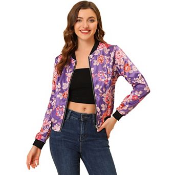 Women's Stand Collar Zip Up Floral Prints Crop Length Bomber Jacket