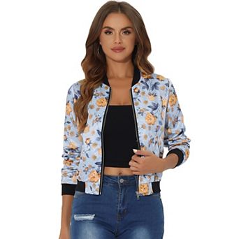 Women's Stand Collar Zip Up Floral Prints Crop Length Bomber Jacket