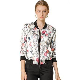 Women's Stand Collar Zip Up Floral Prints Crop Length Bomber Jacket