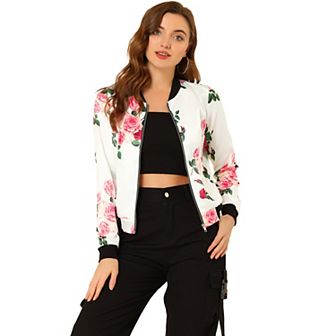 Women's Stand Collar Zip Up Floral Prints Crop Length Bomber Jacket