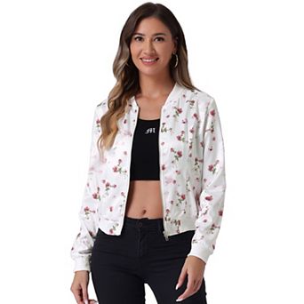 Women's Stand Collar Zip Up Floral Prints Crop Length Bomber Jacket