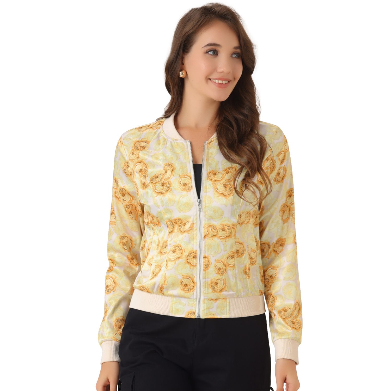 Women's Stand Collar Zip up Floral Prints Crop Length Bomber Jacket