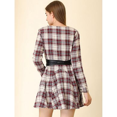 Women's Plaids Print Long Sleeves Belted A-Line Shirt Dress