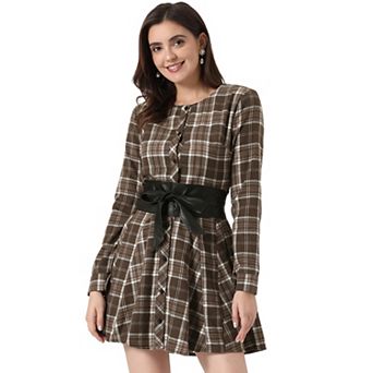 Women's Plaids Print Long Sleeves Belted A-Line Shirt Dress