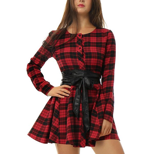 Women's Plaids Print Long Sleeves Belted A-Line Shirt Dress