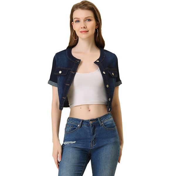 Allegra K Women's Casual Short Sleeves Crop Jean Denim Jacket Blue