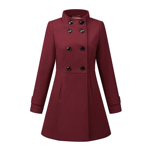 Stand Collar Double Breasted Slant Pockets Trendy Outwear Winter Coat Burgundy M