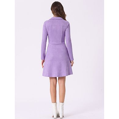 Women's Faux Suede Lapel Neck Long Sleeve A-Line Dress