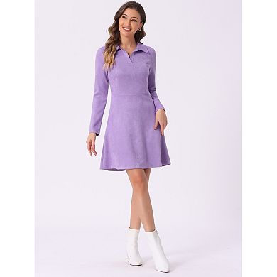 Women's Faux Suede Lapel Neck Long Sleeve A-Line Dress
