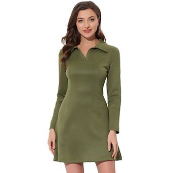 Women's Faux Suede Lapel Neck Long Sleeve A-Line Dress