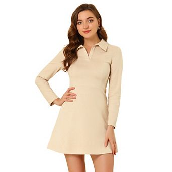 Women's Faux Suede Lapel Neck Long Sleeve A-Line Dress